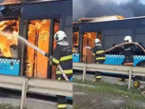 Bakı-Sumqayıt yolunda yanan marşrut avtobusu söndürülüb